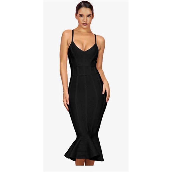 Mermaid Spaghetti Strap V-Neck Bodycon Midi Cocktail Bandage Dress - Picture 1 of 4